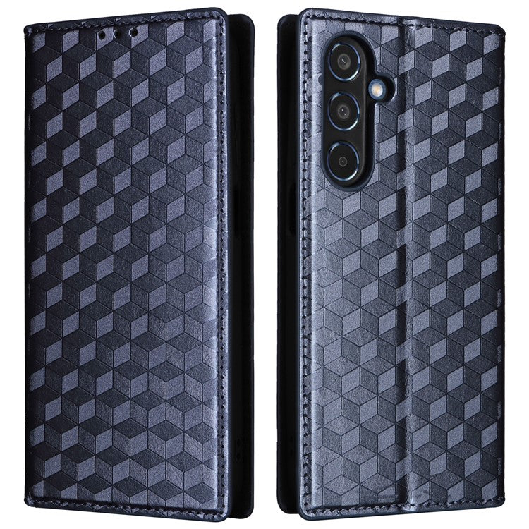 For Samsung Galaxy M35 5G Leather Case Magnetic Closing Rhombus Phone Cover - Blue