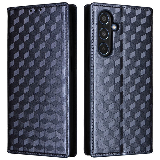 For Samsung Galaxy M35 5G Leather Case Magnetic Closing Rhombus Phone Cover - Blue