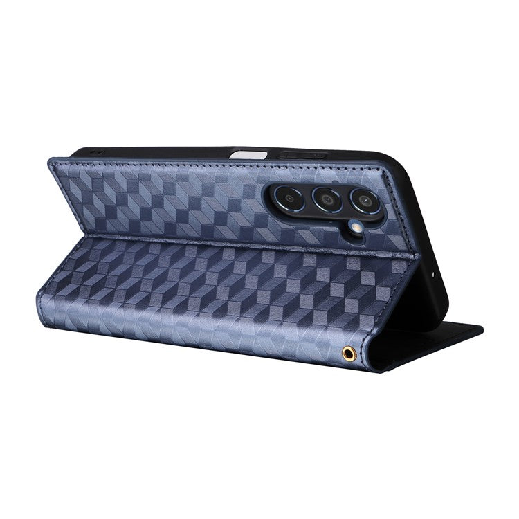For Samsung Galaxy M35 5G Leather Case Magnetic Closing Rhombus Phone Cover - Blue