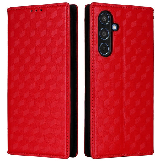For Samsung Galaxy M35 5G Leather Case Magnetic Closing Rhombus Phone Cover - Red
