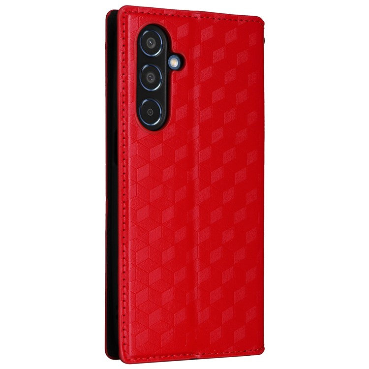For Samsung Galaxy M35 5G Leather Case Magnetic Closing Rhombus Phone Cover - Red
