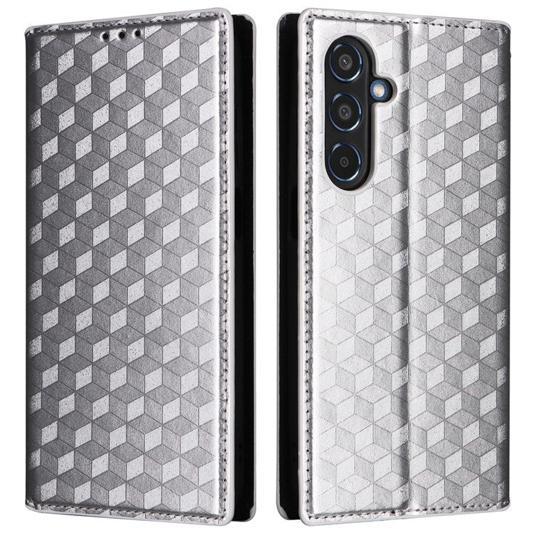 For Samsung Galaxy M35 5G Leather Case Magnetic Closing Rhombus Phone Cover - Silver