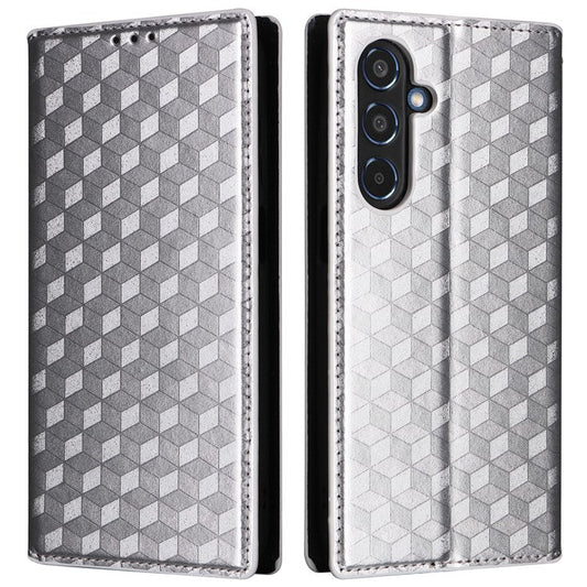 For Samsung Galaxy M35 5G Leather Case Magnetic Closing Rhombus Phone Cover - Silver