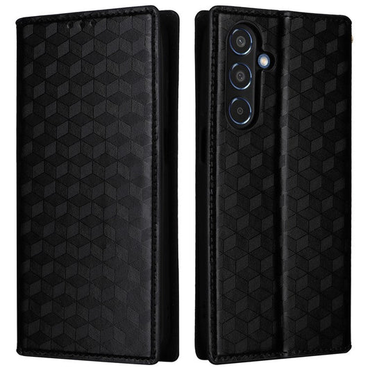 For Samsung Galaxy M35 5G Leather Case Magnetic Closing Rhombus Phone Cover - Black