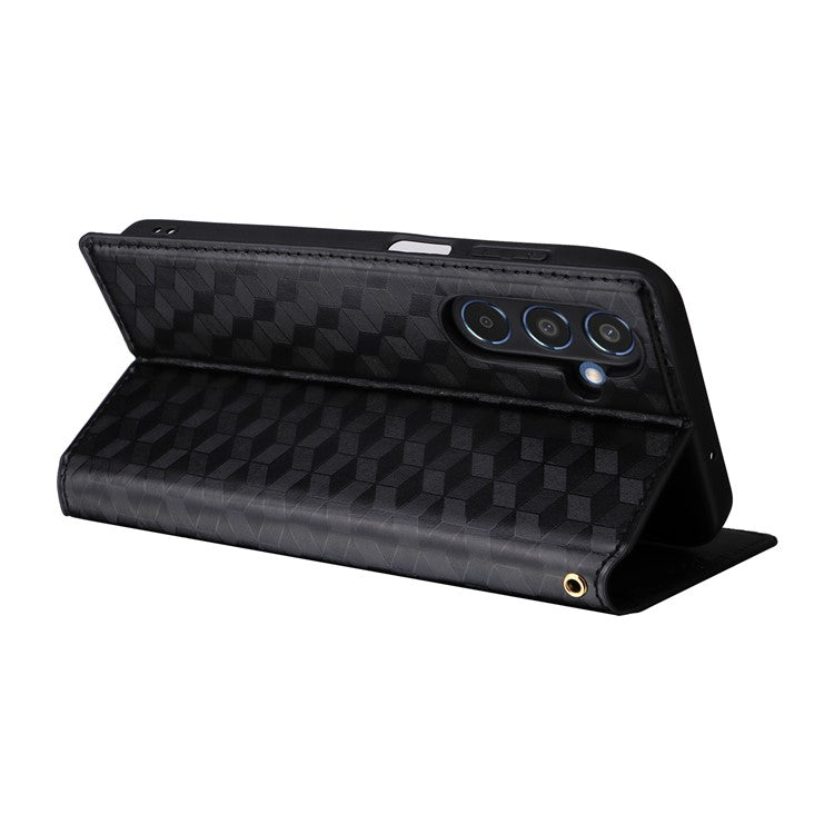For Samsung Galaxy M35 5G Leather Case Magnetic Closing Rhombus Phone Cover - Black