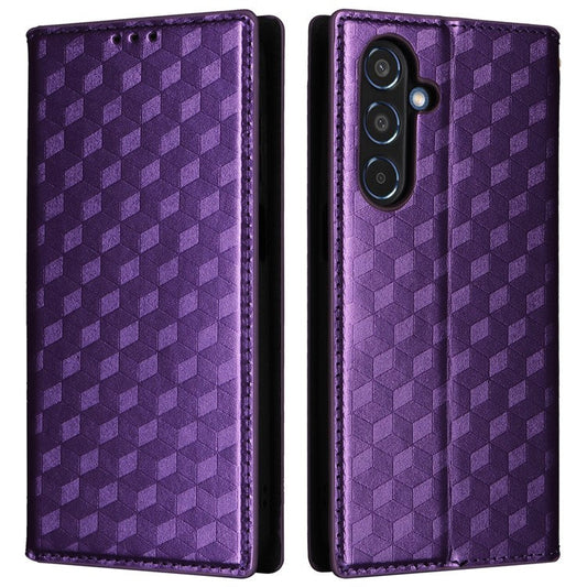 For Samsung Galaxy M35 5G Leather Case Magnetic Closing Rhombus Phone Cover - Purple