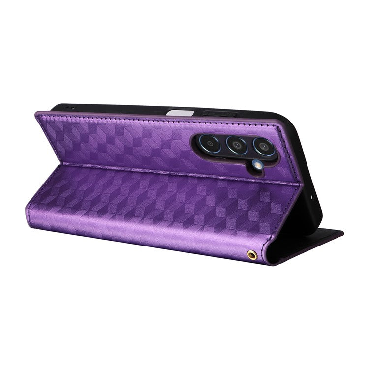 For Samsung Galaxy M35 5G Leather Case Magnetic Closing Rhombus Phone Cover - Purple