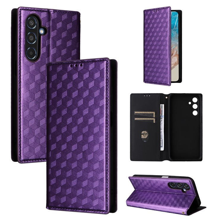 For Samsung Galaxy M35 5G Leather Case Magnetic Closing Rhombus Phone Cover - Purple