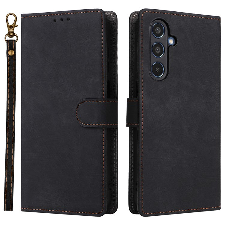 For Samsung Galaxy M35 5G Case with Strap RFID Blocking Leather Flip Phone Cover - Black