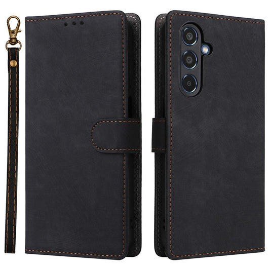 For Samsung Galaxy M35 5G Case with Strap RFID Blocking Leather Flip Phone Cover - Black