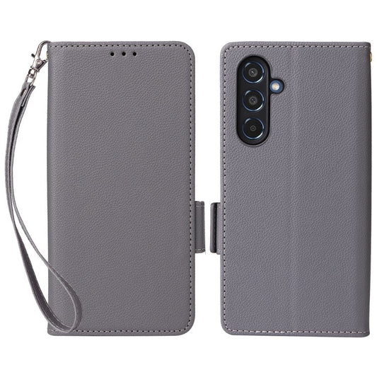 For Samsung Galaxy M35 5G Case with Wrist Strap Litchi Texture PU Leather Wallet Phone Cover - Grey