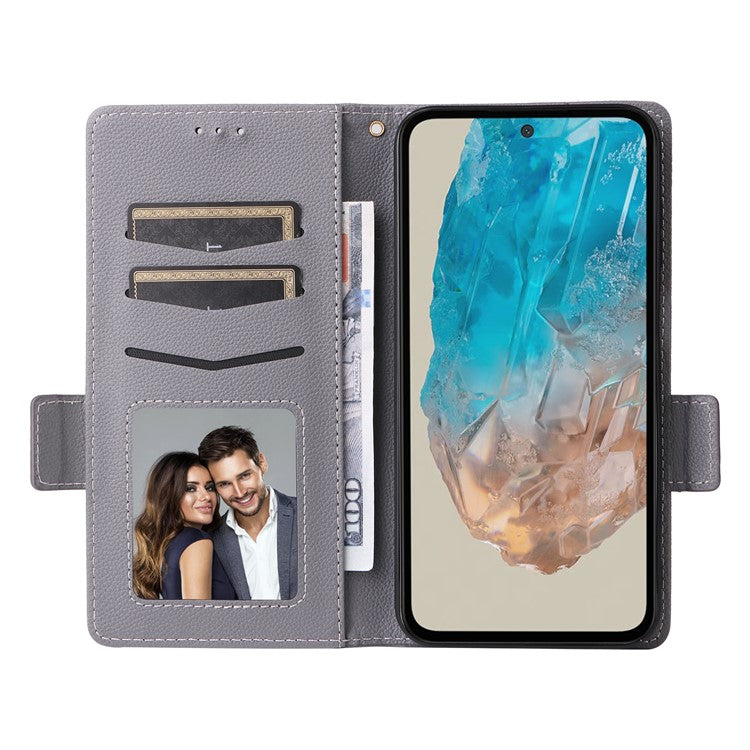 For Samsung Galaxy M35 5G Case with Wrist Strap Litchi Texture PU Leather Wallet Phone Cover - Grey