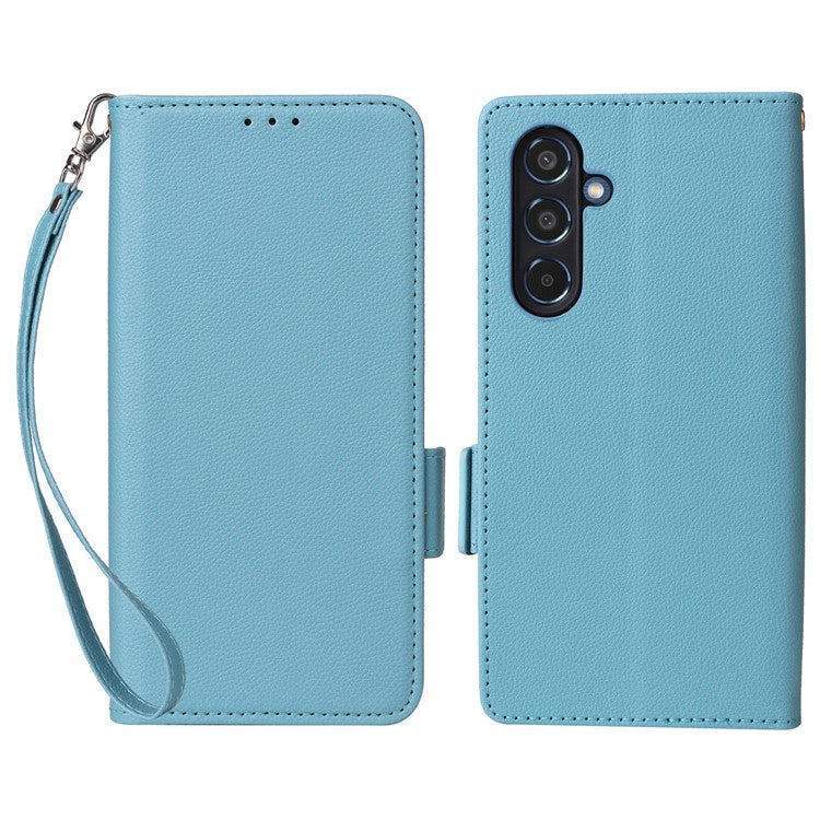 For Samsung Galaxy M35 5G Case with Wrist Strap Litchi Texture PU Leather Wallet Phone Cover - Baby Blue
