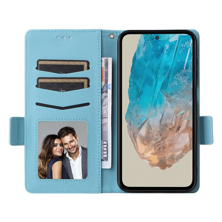 For Samsung Galaxy M35 5G Case with Wrist Strap Litchi Texture PU Leather Wallet Phone Cover - Baby Blue