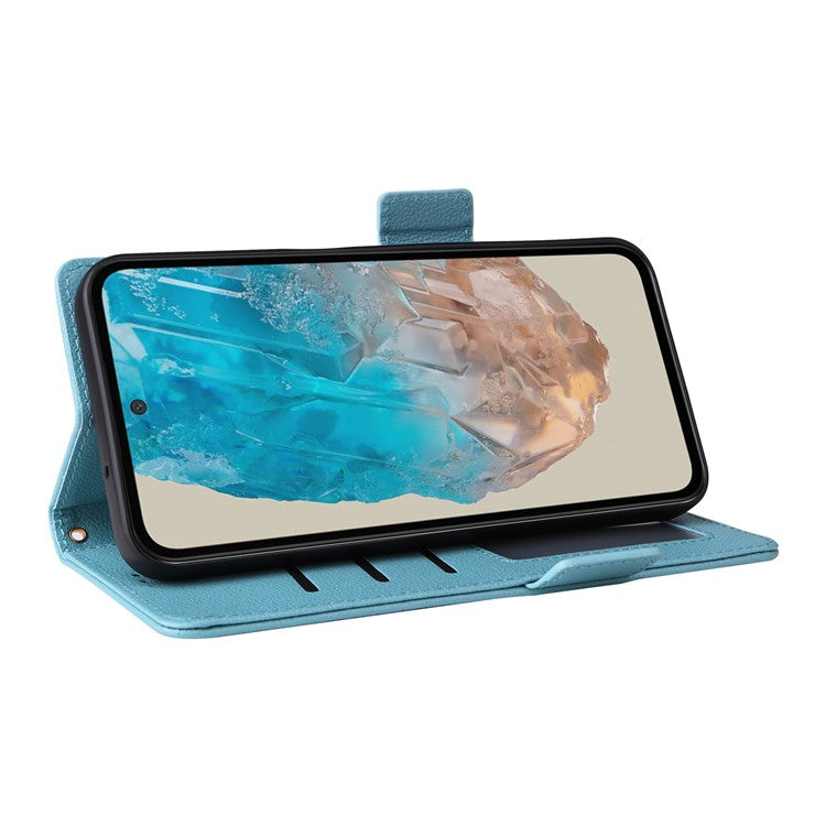 For Samsung Galaxy M35 5G Case with Wrist Strap Litchi Texture PU Leather Wallet Phone Cover - Baby Blue