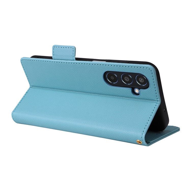 For Samsung Galaxy M35 5G Case with Wrist Strap Litchi Texture PU Leather Wallet Phone Cover - Baby Blue