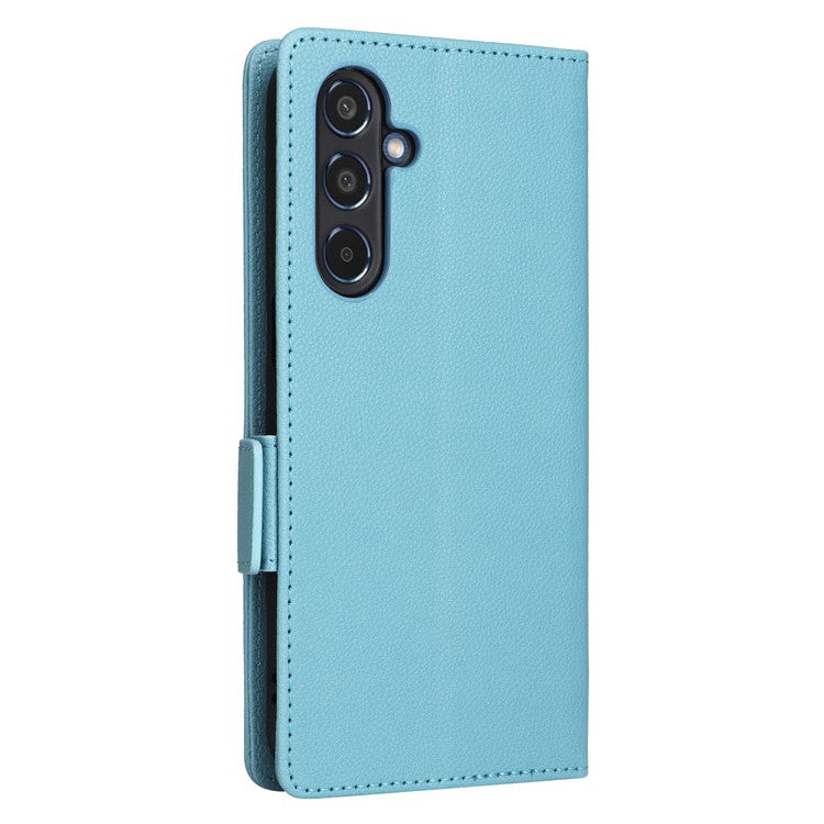 For Samsung Galaxy M35 5G Case with Wrist Strap Litchi Texture PU Leather Wallet Phone Cover - Baby Blue