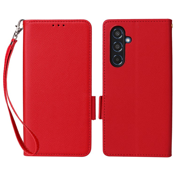 For Samsung Galaxy M35 5G Case with Wrist Strap Litchi Texture PU Leather Wallet Phone Cover - Red