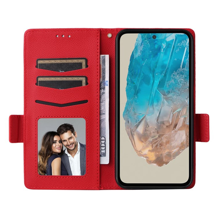 For Samsung Galaxy M35 5G Case with Wrist Strap Litchi Texture PU Leather Wallet Phone Cover - Red