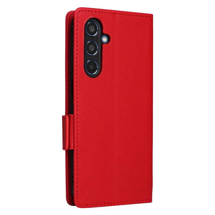 For Samsung Galaxy M35 5G Case with Wrist Strap Litchi Texture PU Leather Wallet Phone Cover - Red