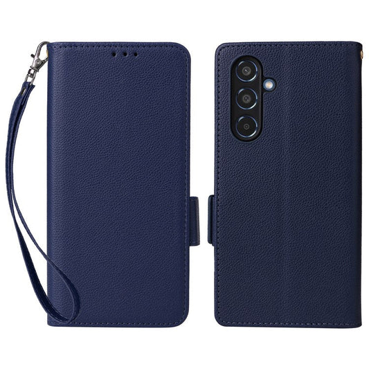For Samsung Galaxy M35 5G Case with Wrist Strap Litchi Texture PU Leather Wallet Phone Cover - Dark Blue