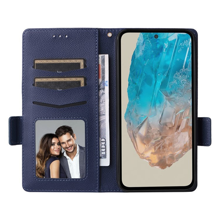 For Samsung Galaxy M35 5G Case with Wrist Strap Litchi Texture PU Leather Wallet Phone Cover - Dark Blue
