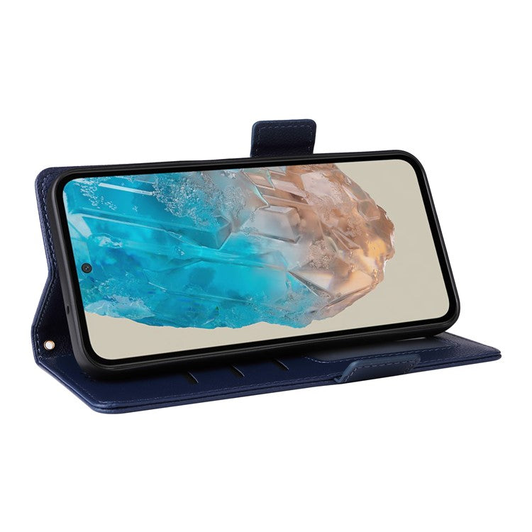 For Samsung Galaxy M35 5G Case with Wrist Strap Litchi Texture PU Leather Wallet Phone Cover - Dark Blue