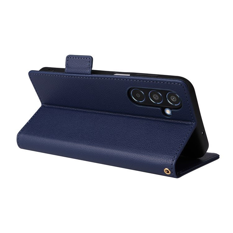 For Samsung Galaxy M35 5G Case with Wrist Strap Litchi Texture PU Leather Wallet Phone Cover - Dark Blue