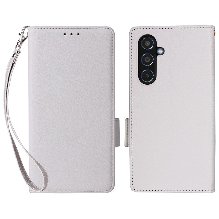 For Samsung Galaxy M35 5G Case with Wrist Strap Litchi Texture PU Leather Wallet Phone Cover - White
