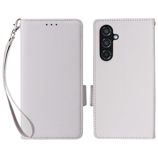 For Samsung Galaxy M35 5G Case with Wrist Strap Litchi Texture PU Leather Wallet Phone Cover - White