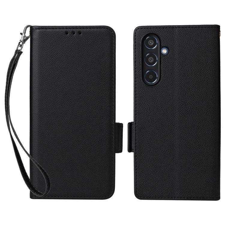 For Samsung Galaxy M35 5G Case with Wrist Strap Litchi Texture PU Leather Wallet Phone Cover - Black