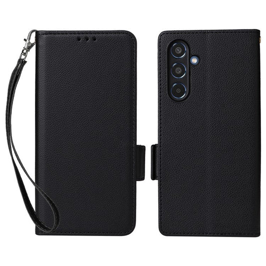 For Samsung Galaxy M35 5G Case with Wrist Strap Litchi Texture PU Leather Wallet Phone Cover - Black