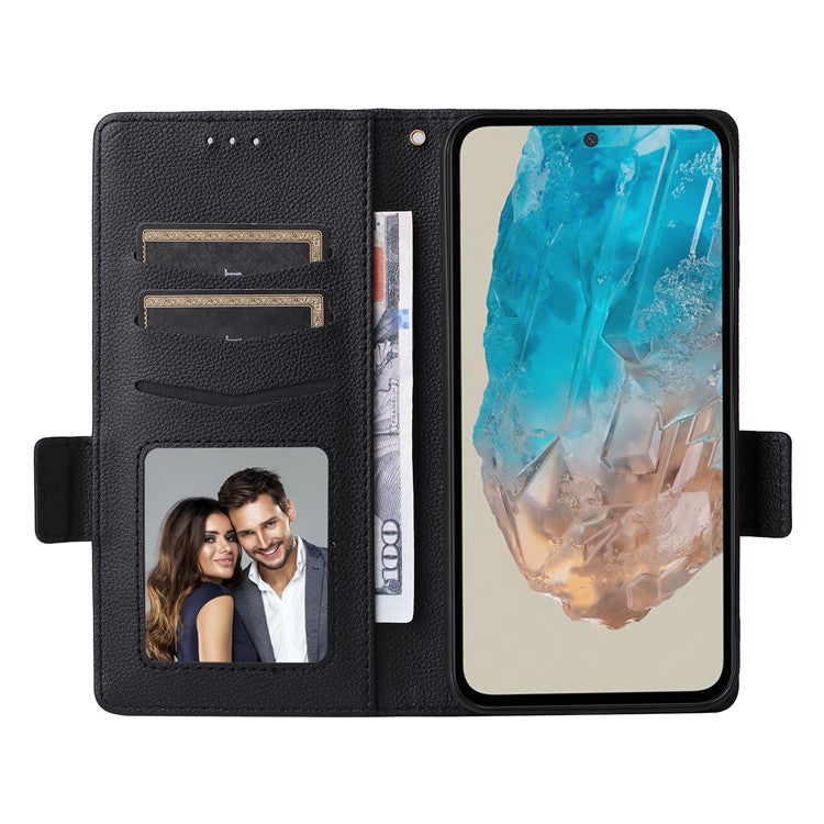 For Samsung Galaxy M35 5G Case with Wrist Strap Litchi Texture PU Leather Wallet Phone Cover - Black
