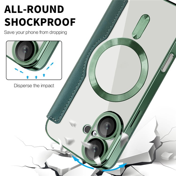 For iPhone 16 Magnetic Case RFID Blocking Leather Phone Cover - Blackish Green