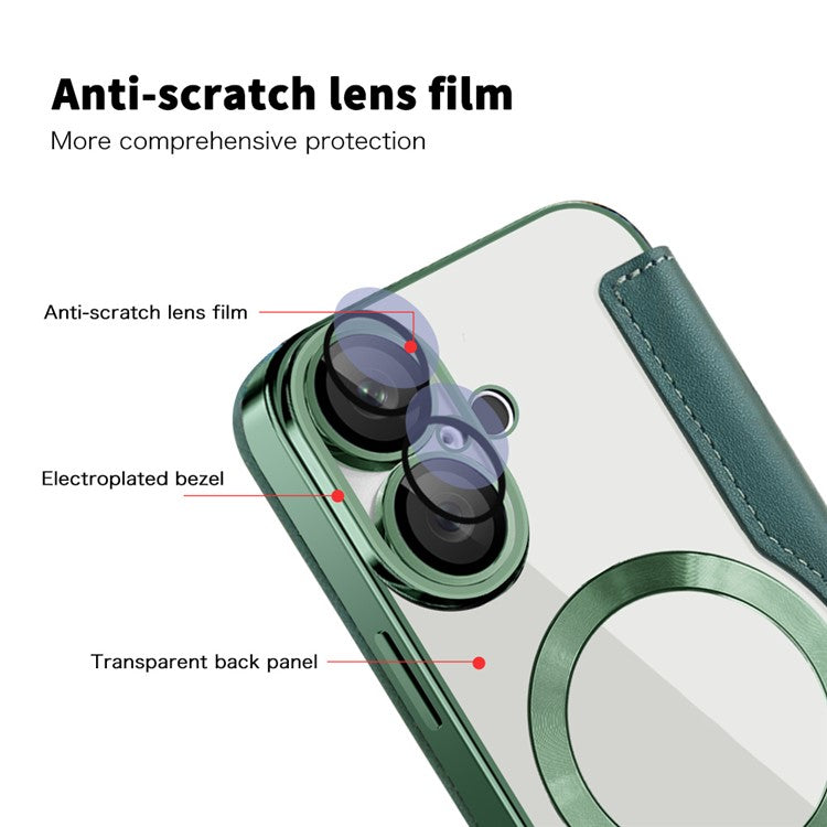 For iPhone 16 Magnetic Case RFID Blocking Leather Phone Cover - Blackish Green