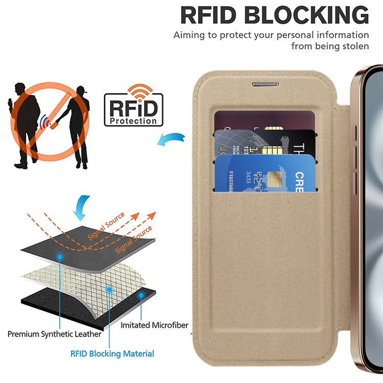 For iPhone 16 Plus Case Compatible with MagSafe RFID Blocking Leather Phone Cover - Gold