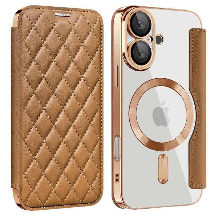 For iPhone 16 Plus Case Compatible with MagSafe Rhombus PU Leather Phone Cover - Gold