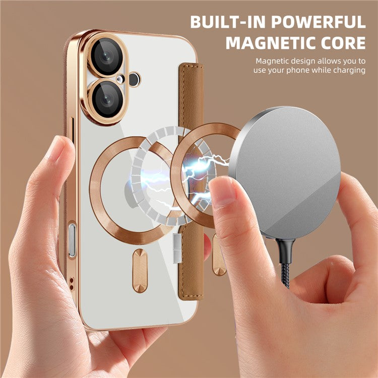 For iPhone 16 Plus Case Compatible with MagSafe Rhombus PU Leather Phone Cover - Gold