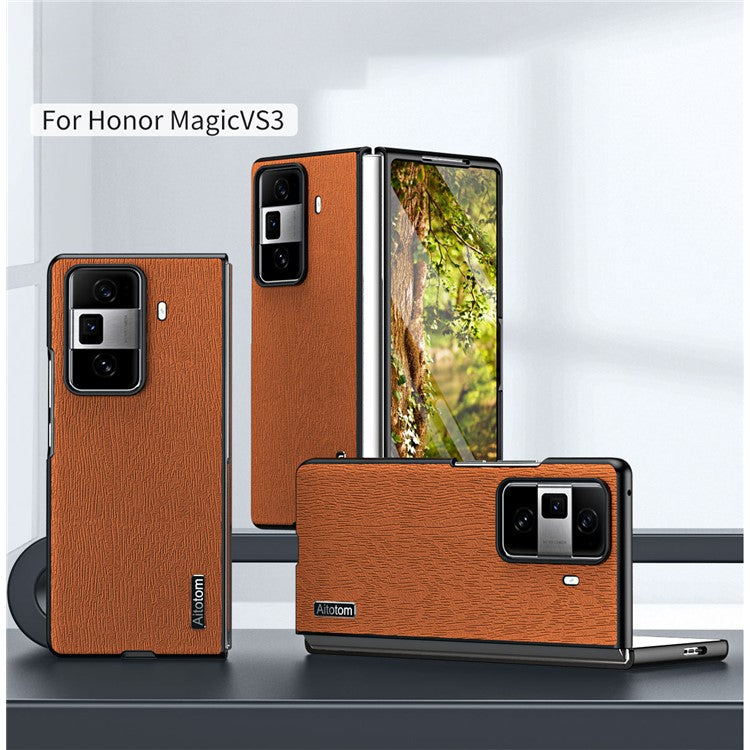 For Honor Magic Vs3 5G Case PU Leather+PC+TPU Back Phone Cover Wood Texture - Brown