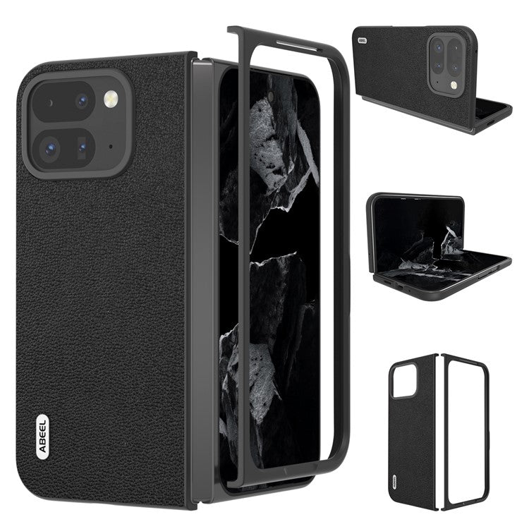 ABEEL For Google Pixel 9 Pro Fold 5G Case Genuine Cow Leather+PC Mobile Phone Cover - Black