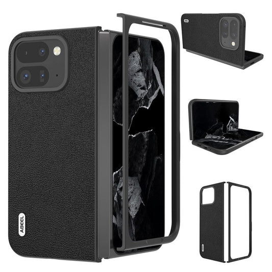 ABEEL For Google Pixel 9 Pro Fold 5G Case Genuine Cow Leather+PC Mobile Phone Cover - Black