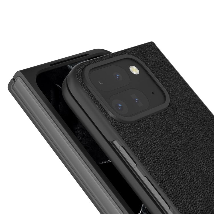 ABEEL For Google Pixel 9 Pro Fold 5G Case Genuine Cow Leather+PC Mobile Phone Cover - Black