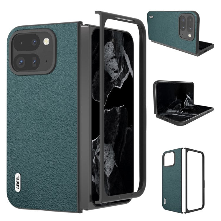 ABEEL For Google Pixel 9 Pro Fold 5G Case Genuine Cow Leather+PC Mobile Phone Cover - Midnight Green