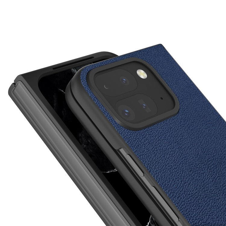 ABEEL For Google Pixel 9 Pro Fold 5G Case Genuine Cow Leather+PC Mobile Phone Cover - Blue