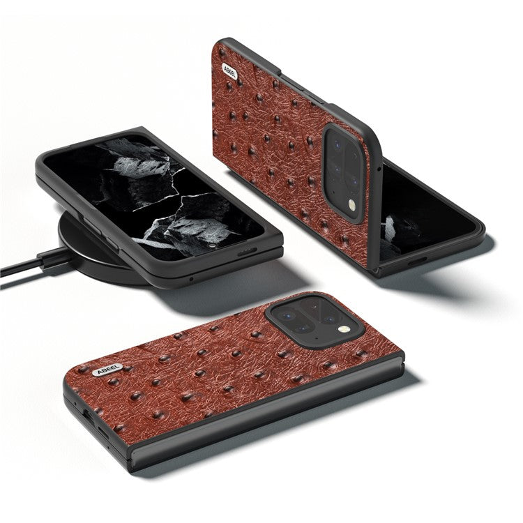ABEEL For Google Pixel 9 Pro Fold 5G Case Genuine Cow Leather+PC Phone Cover Ostrich Texture - Coffee