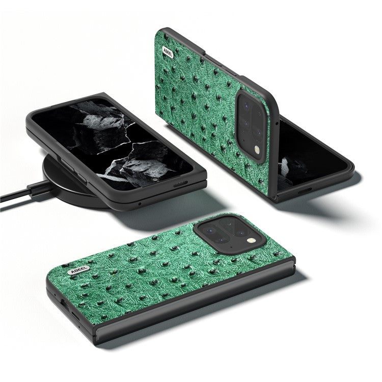 ABEEL For Google Pixel 9 Pro Fold 5G Case Genuine Cow Leather+PC Phone Cover Ostrich Texture - Green