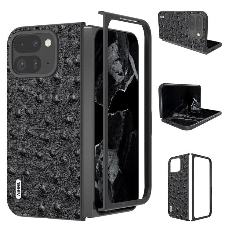 ABEEL For Google Pixel 9 Pro Fold 5G Case Genuine Cow Leather+PC Phone Cover Ostrich Texture - Black