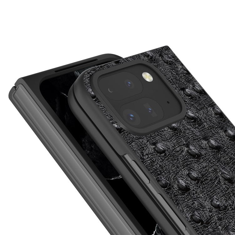ABEEL For Google Pixel 9 Pro Fold 5G Case Genuine Cow Leather+PC Phone Cover Ostrich Texture - Black