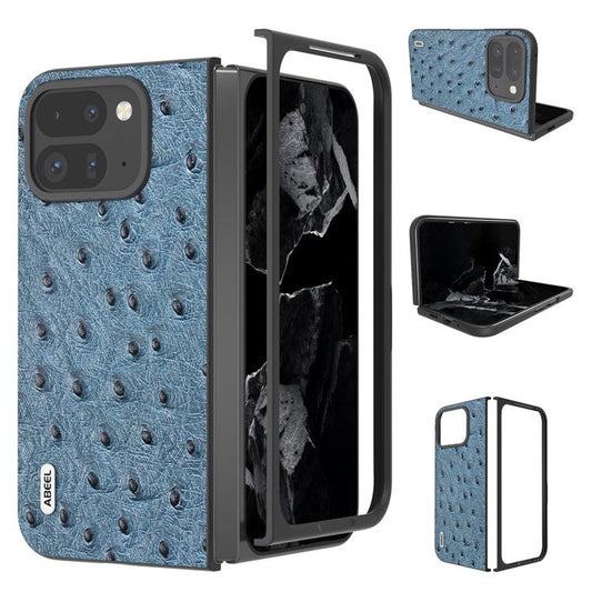 ABEEL For Google Pixel 9 Pro Fold 5G Case Genuine Cow Leather+PC Phone Cover Ostrich Texture - Blue