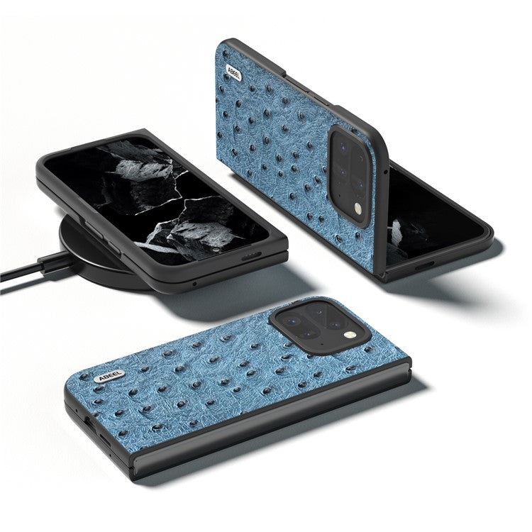 ABEEL For Google Pixel 9 Pro Fold 5G Case Genuine Cow Leather+PC Phone Cover Ostrich Texture - Blue